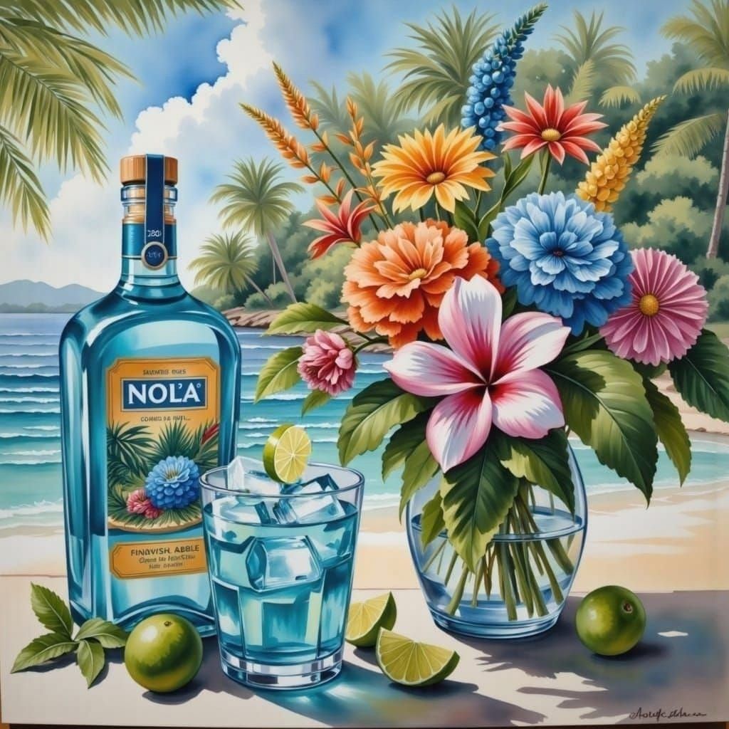 Tropical Alcohol Display in Gouache Painting Style