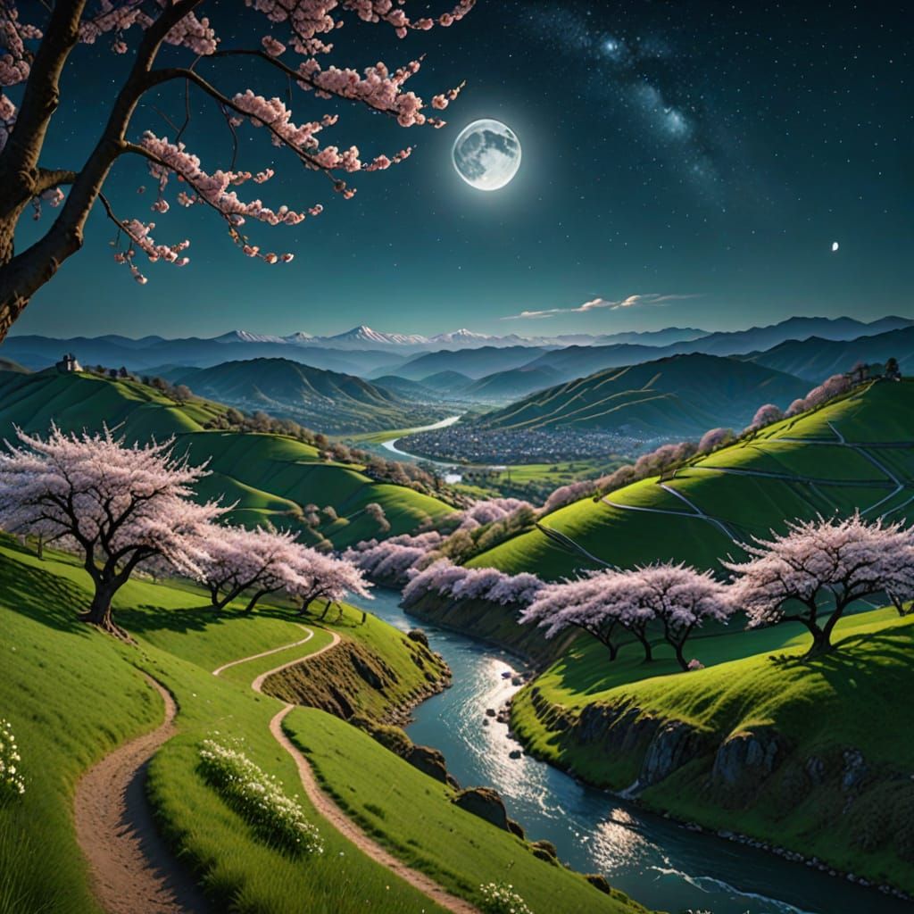 Serene Cherry Blossom Landscape Under Starry Skies