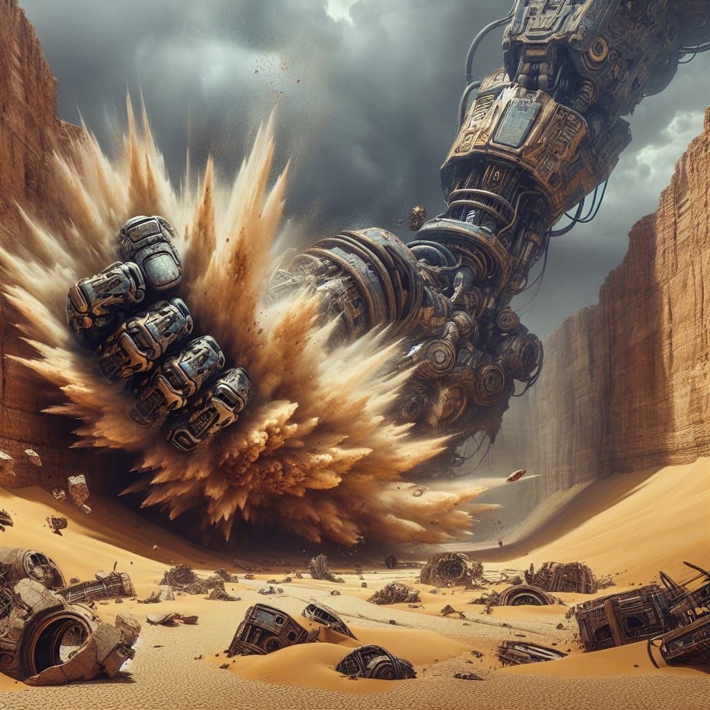 Titanic Mech Smashes Barren Desert Canyon in Surreal, Cyberp...