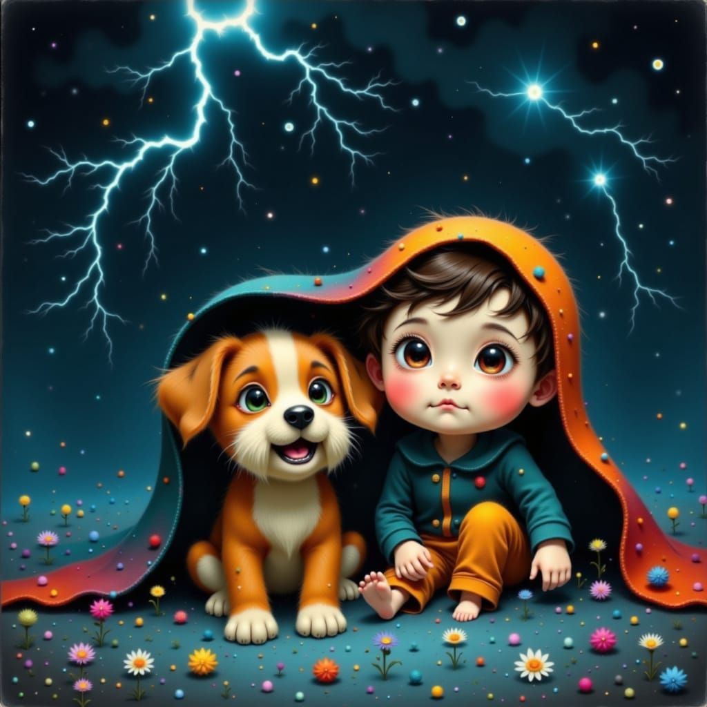 Boy and Puppy's Whimsical Nighttime Adventure