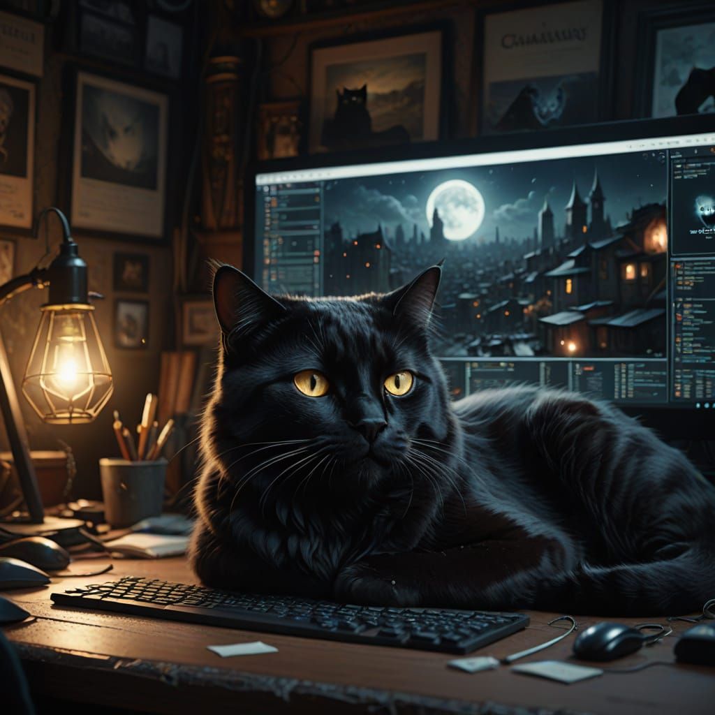 Black Cat in a Futuristic Digital Realm