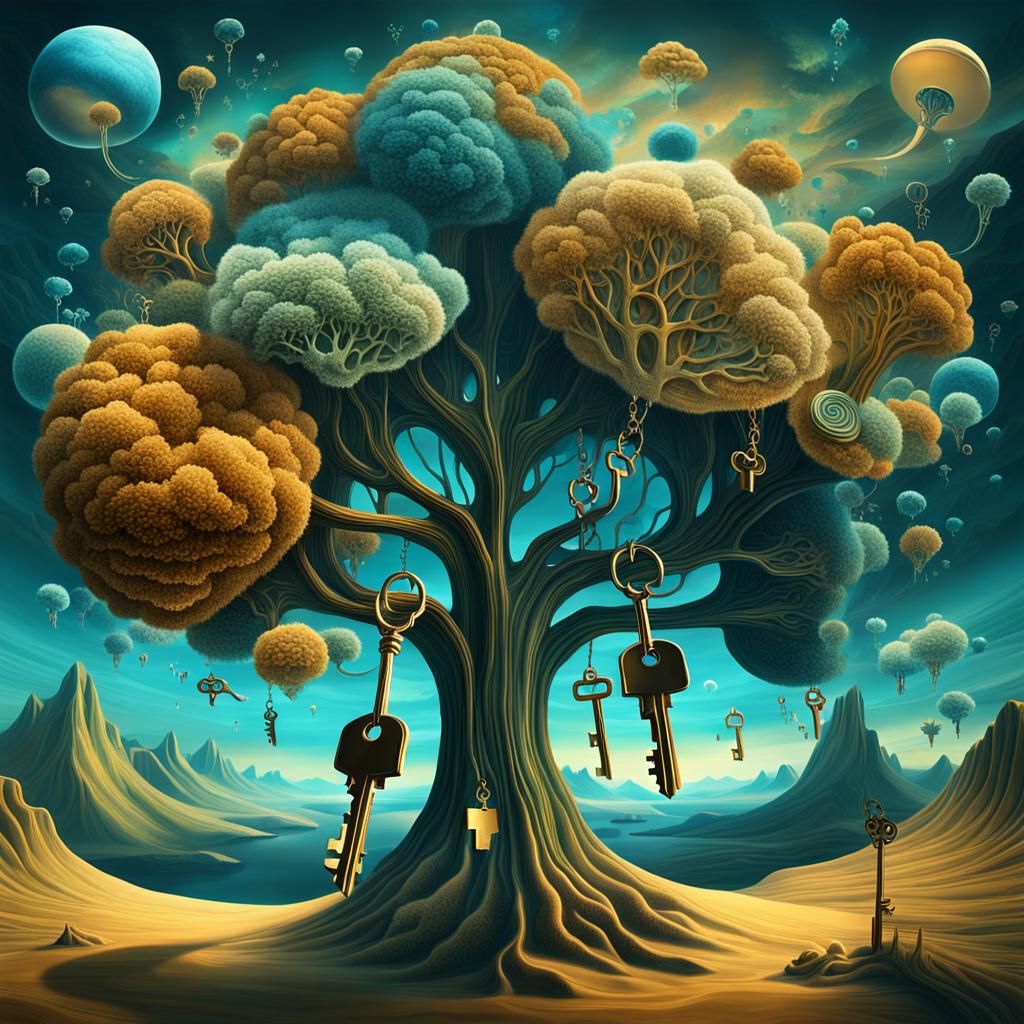 Surreal Keys Float in Dreamlike Digital Landscape