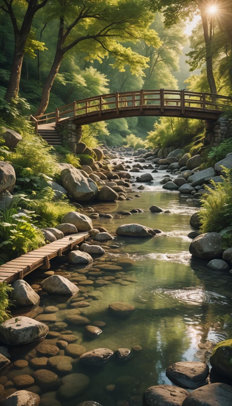 Serene River Scene with Wooden Bridge