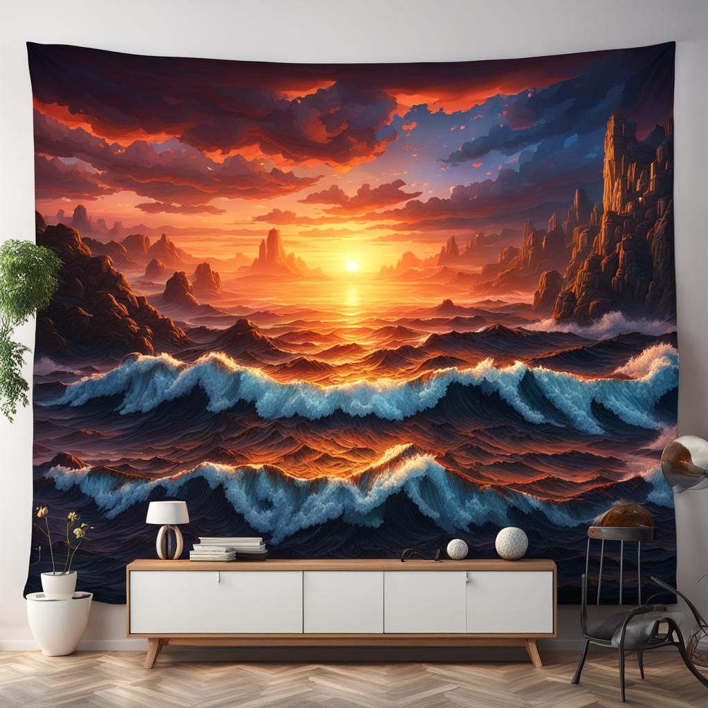 Ocean Sunset Tapestry in Detailed Matte Painting