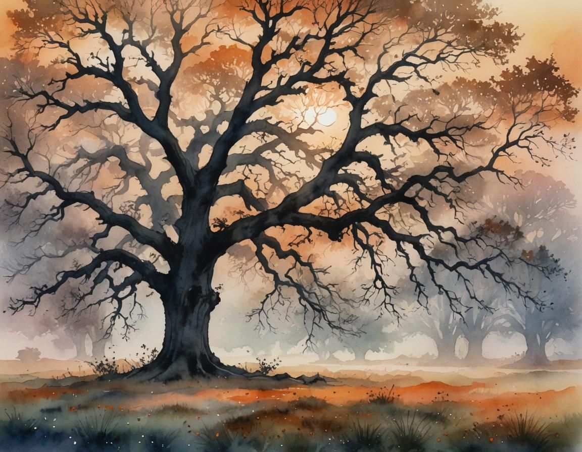 Foggy Dawn Meadow: Ink and Watercolor Dreamscape