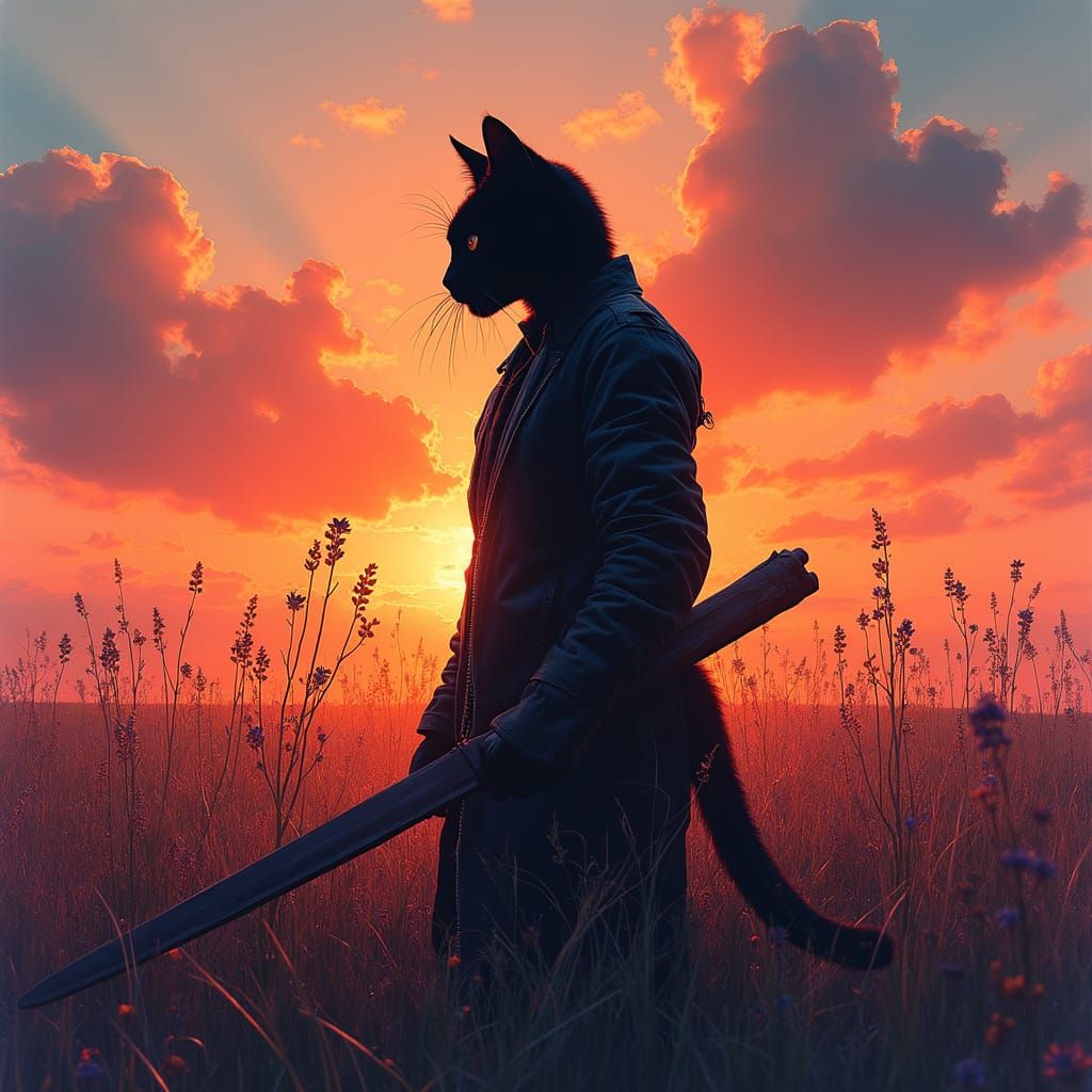 Black Cat Assassin in Double Exposure Watercolor Style