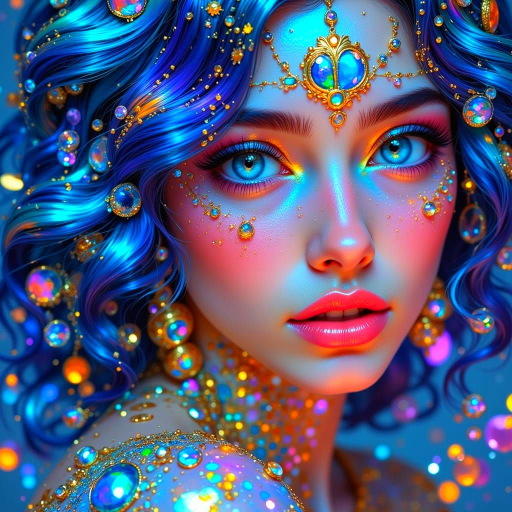 Iridescent Woman Halts Glass Shards, Digital Art