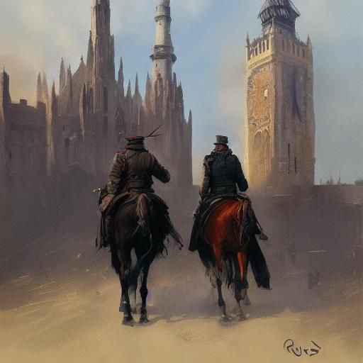 Sinister Riders Approach Tower in Dark Fantasy Style