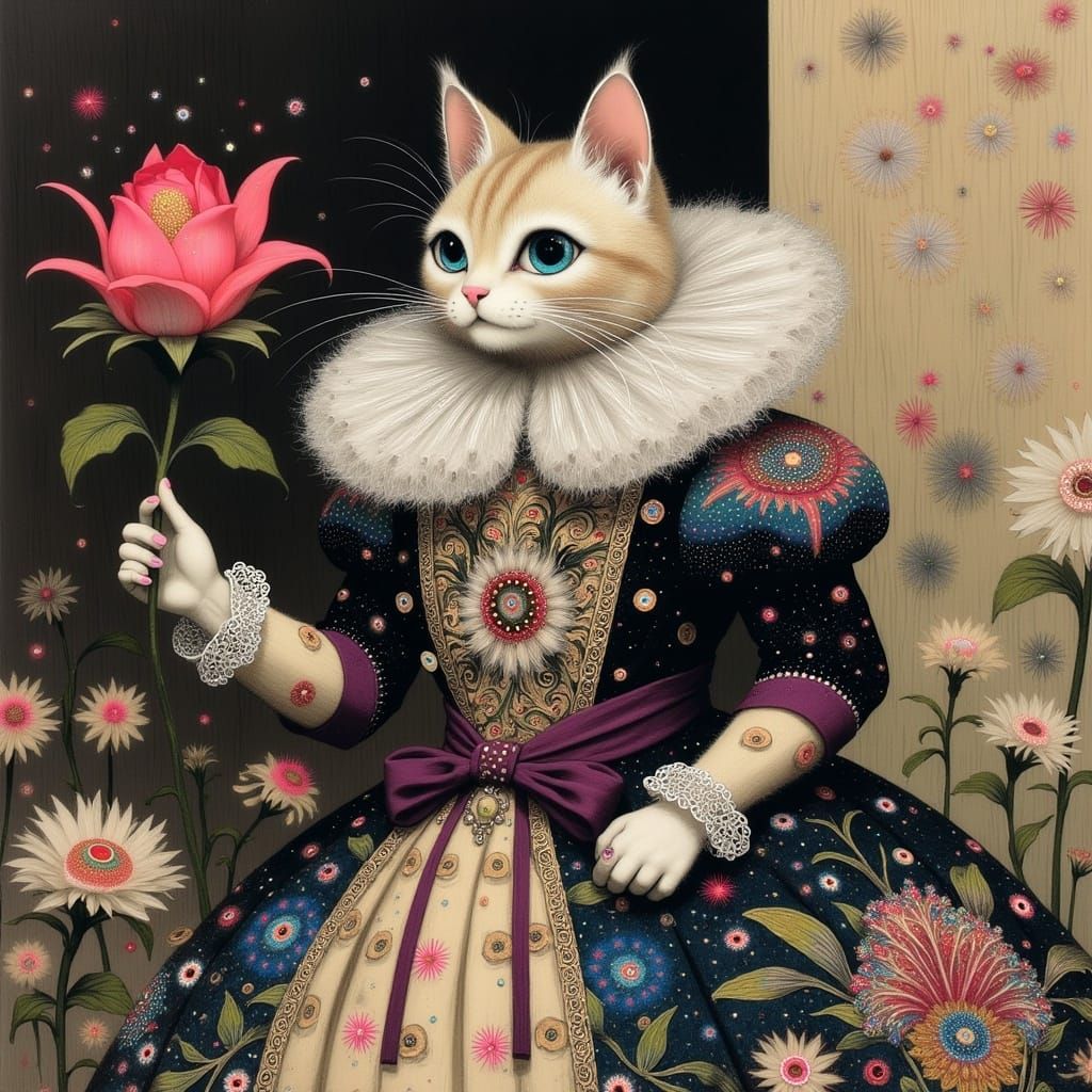 Elizabethan Cat in Opulent Anime-Inspired Gown