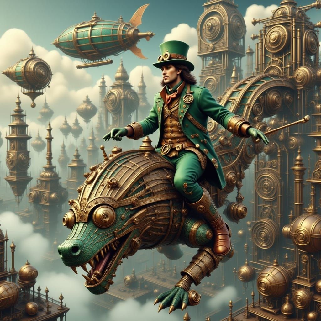 Steampunk Leprechaun Riding a Rainbow Dragon