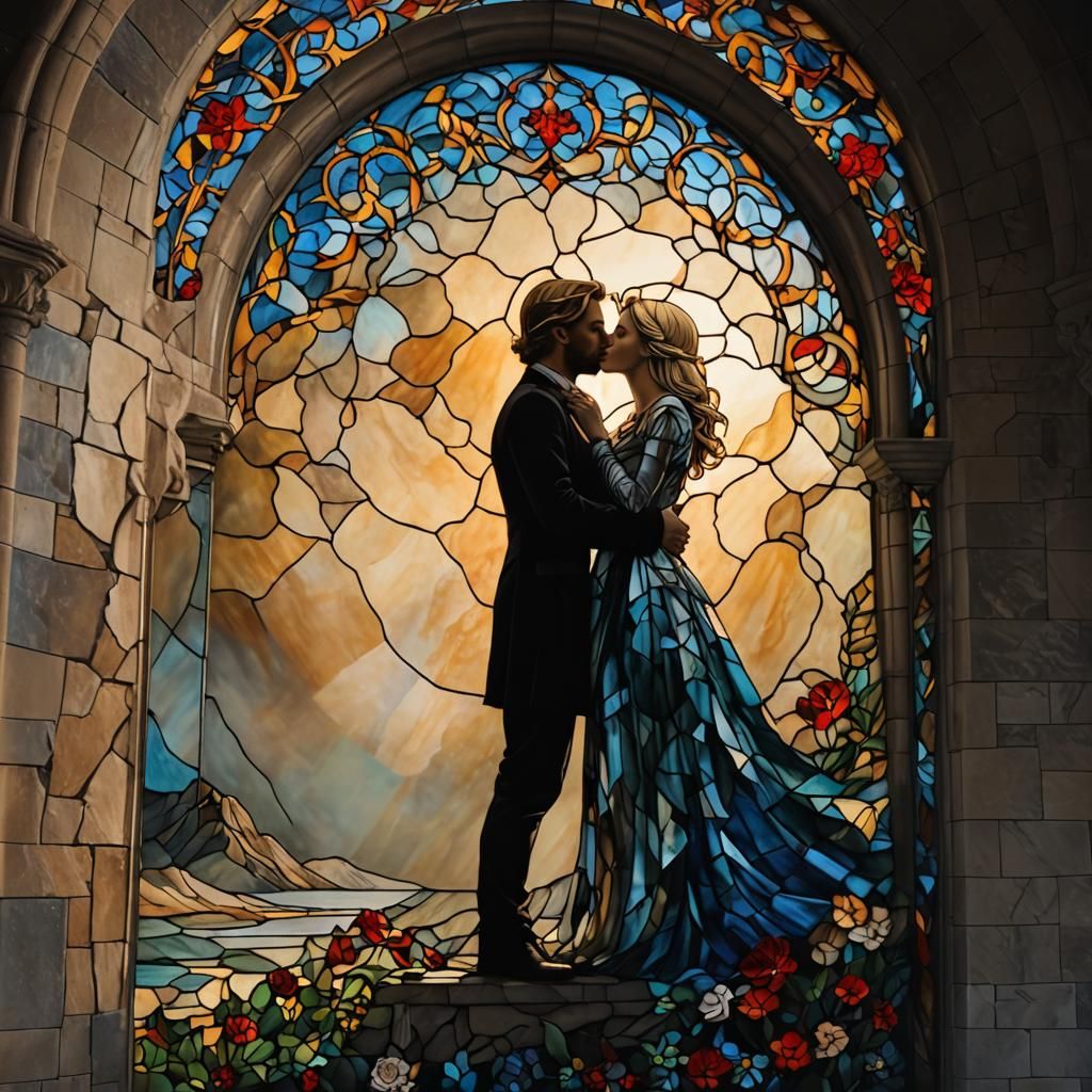 Romantic Stained Glass Window of Kissing Lovers