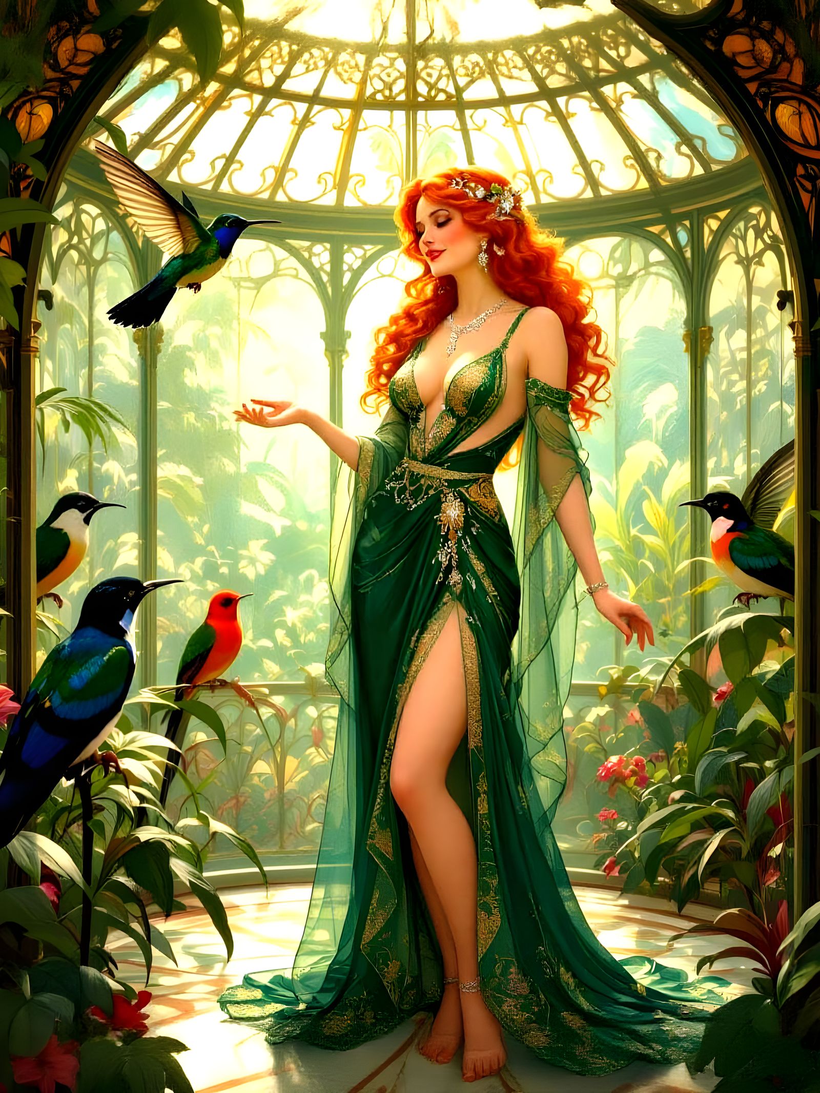Redhead in Ornate Aviary, Art Nouveau Style