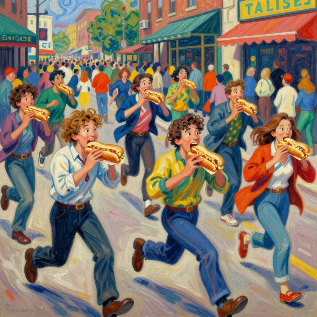 Joyful Chaos: People Eating Cheesesteaks in Vibrant Street S...