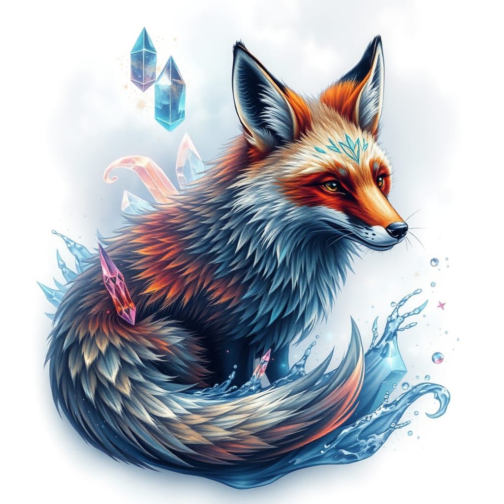 Mystical Crystal Fox Tattoo Sheet in Fantasy Style