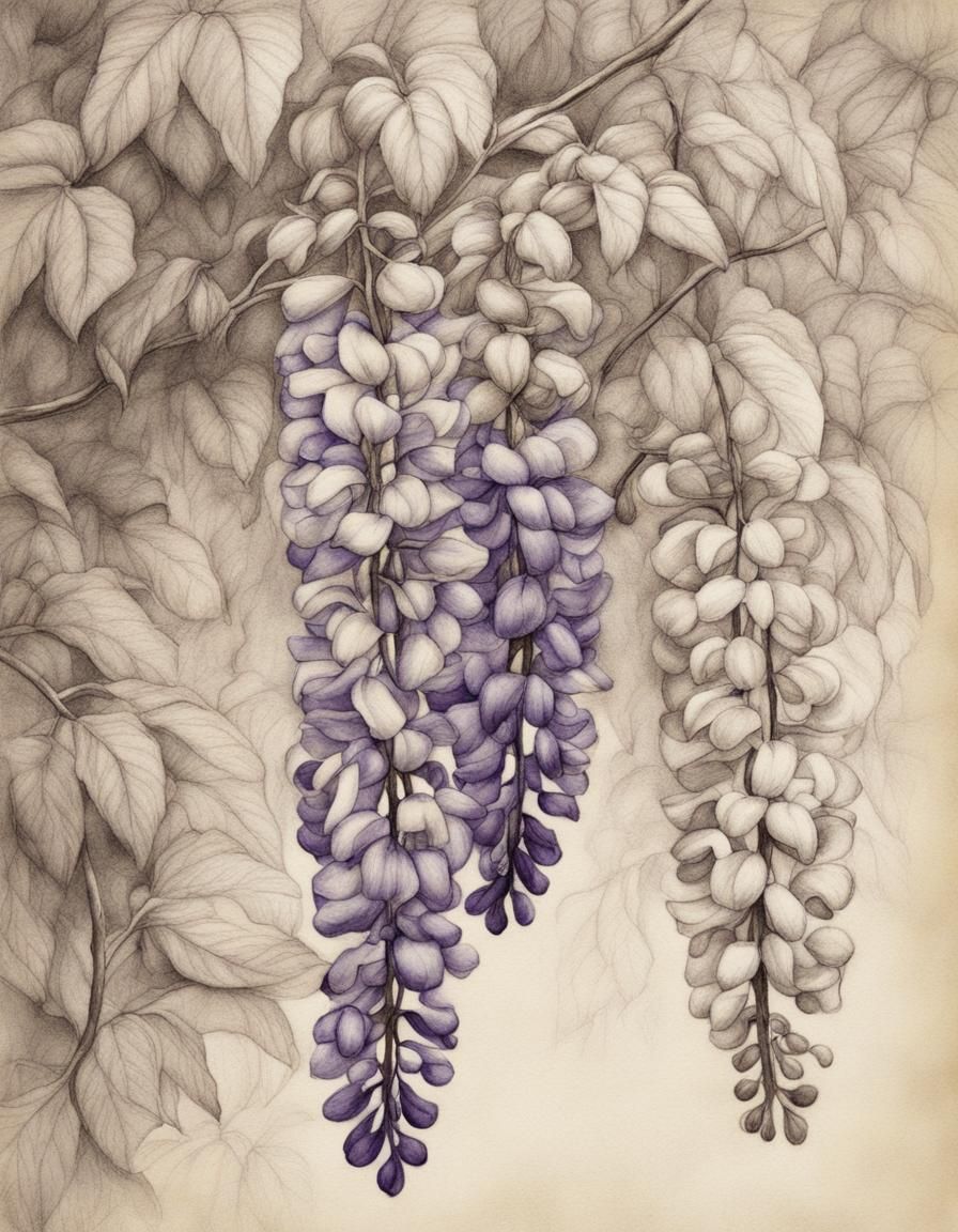 Detailed Monochrome Wisteria Pencil Sketch