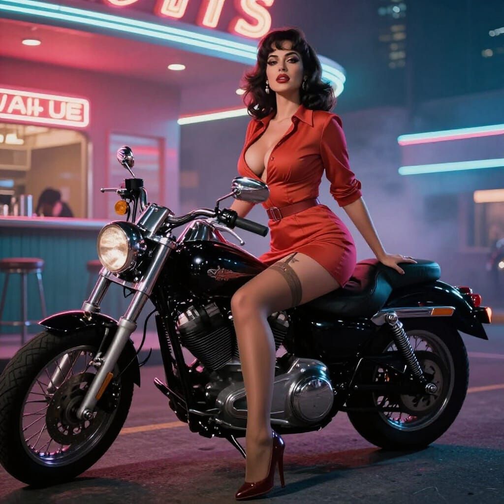1960s Pin-Up Woman by Harley Davidson in Neon City