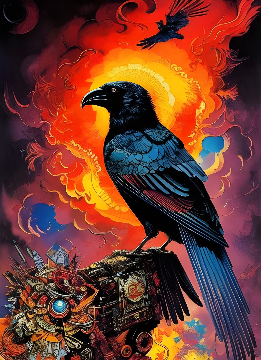 Explosive Raven Poster Art in Fantasycore Style