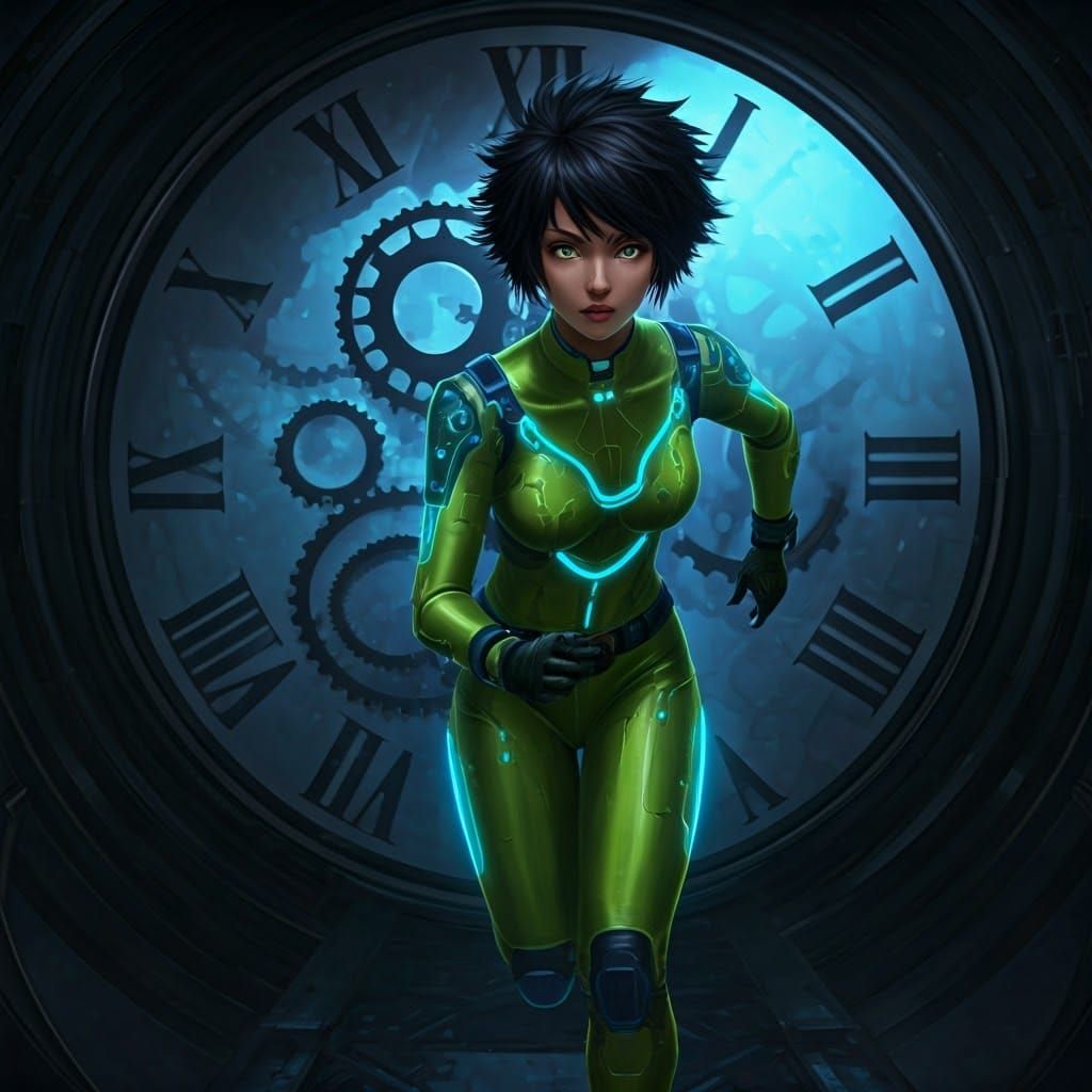 Neon-Lit Cyberpunk Heroine Sprints Through Clock Tower