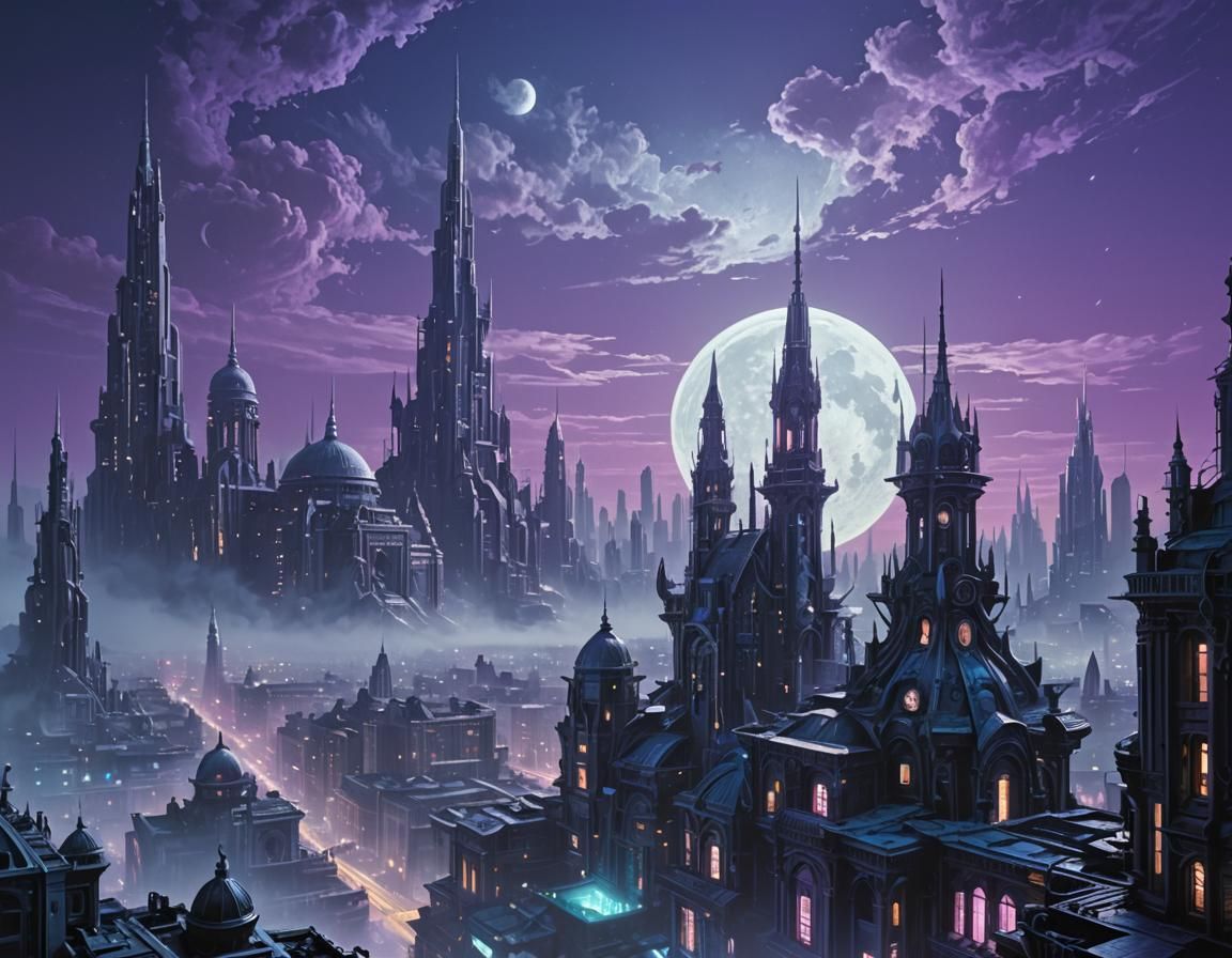 Futuristic Cityscape on Alien Moon in Sci-Fi Style