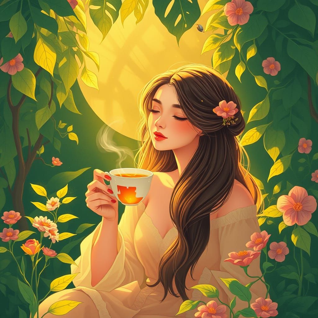 Serene Woman Sipping Tea in Dreamy Illustration