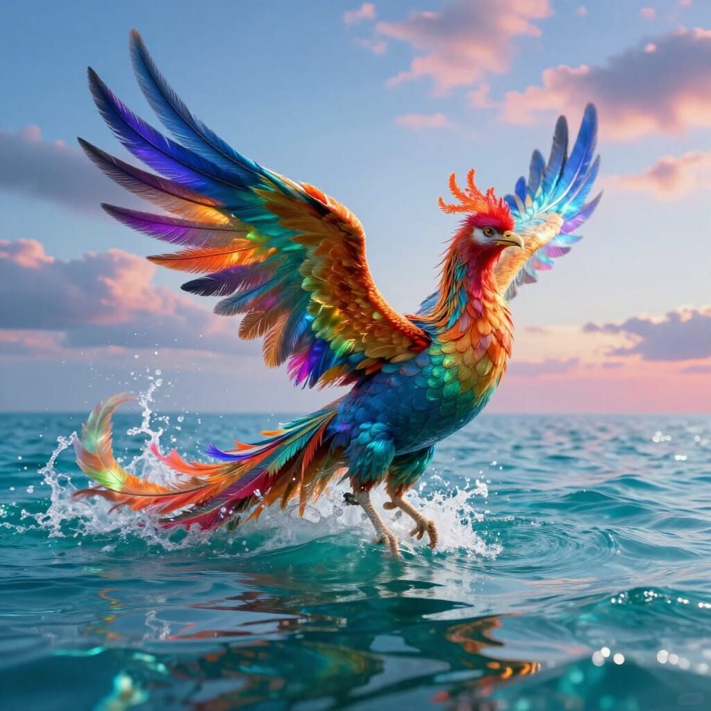 Majestic Phoenix Rises From Ocean, Shimmering Feathers