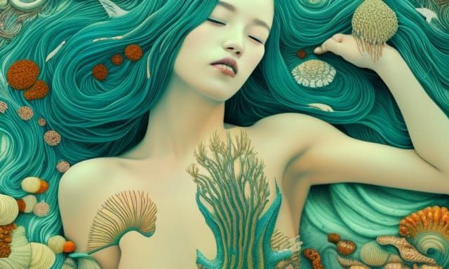 Woman on a Surreal Seaweed Bed: Fairytale Art
