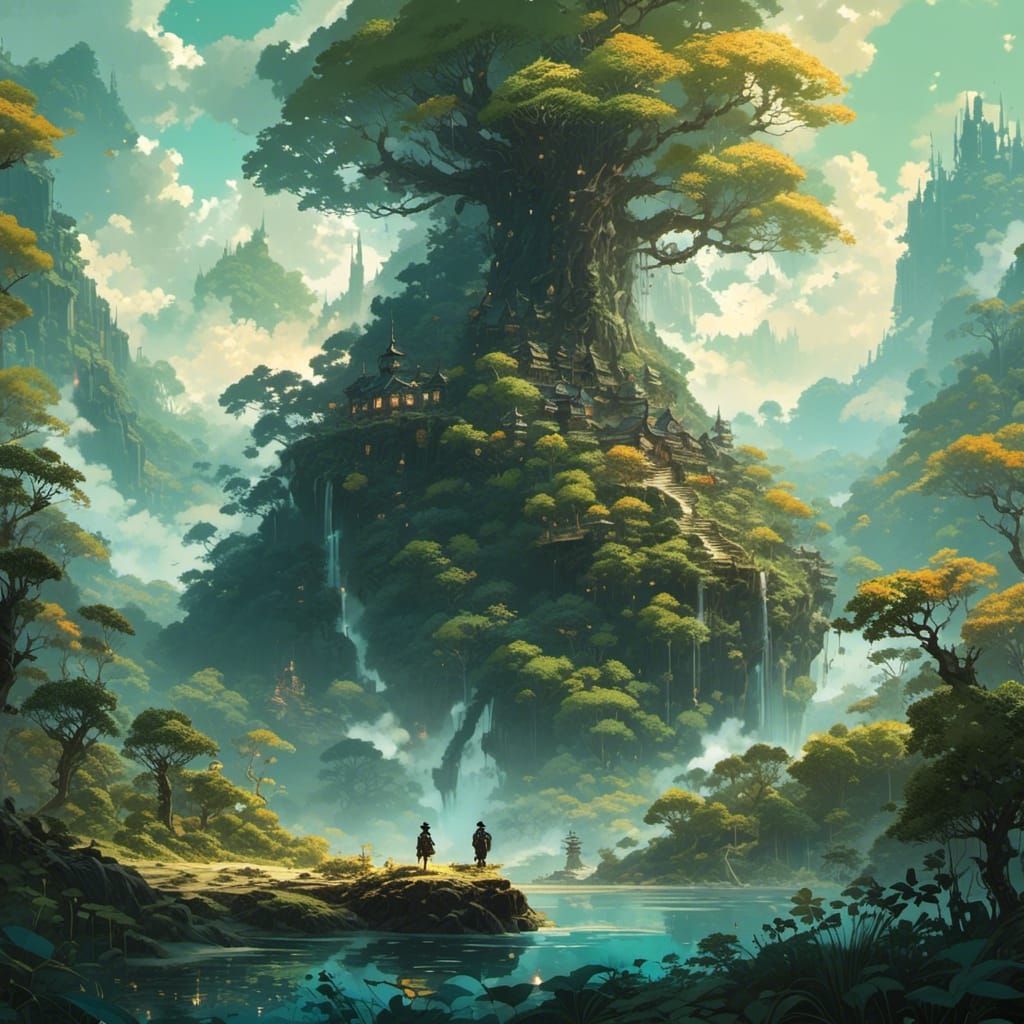 Hidden Valley in Towering Mountains: Anime Concept Art