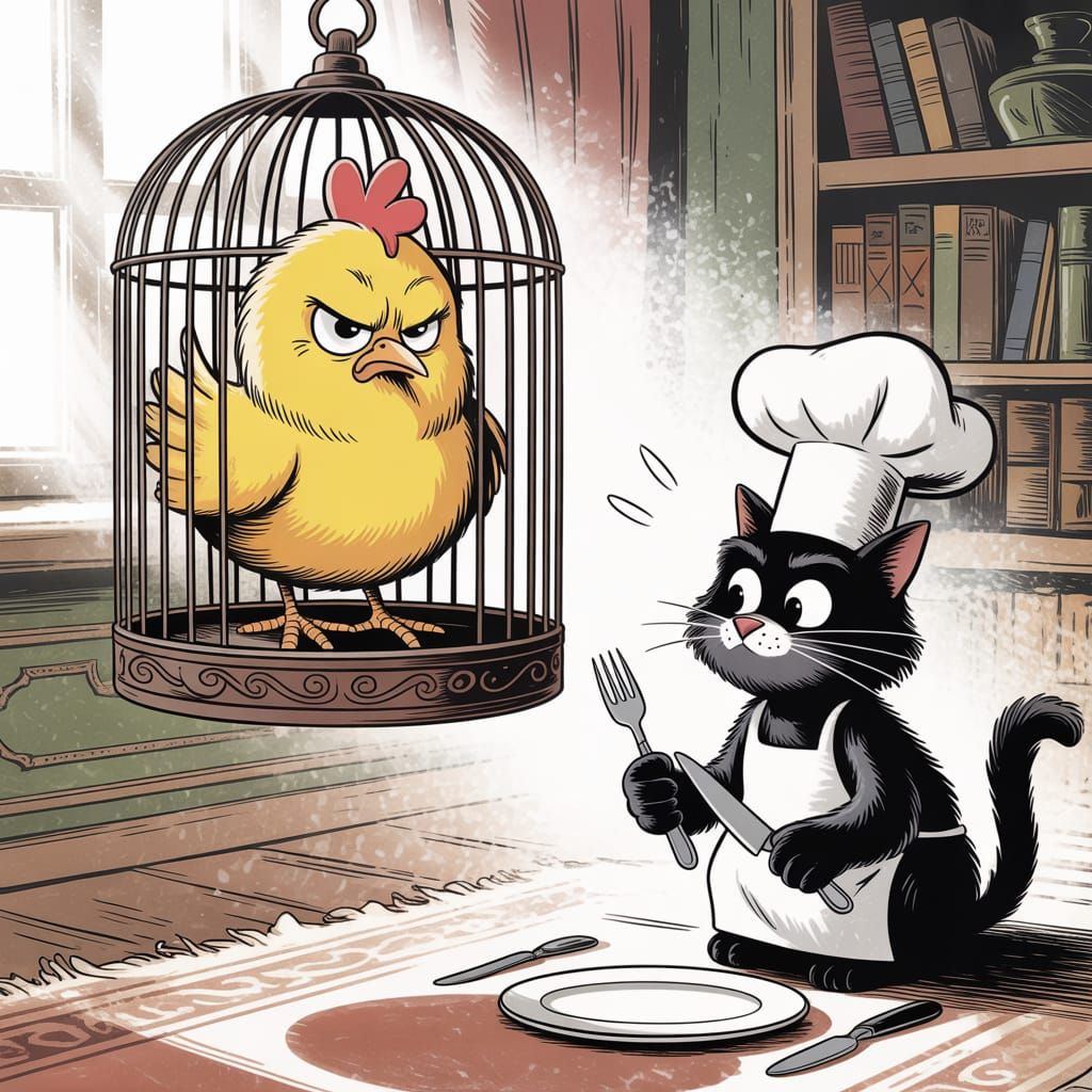 Grumpy Chick in Cage with Plotting Cat Cartoon
