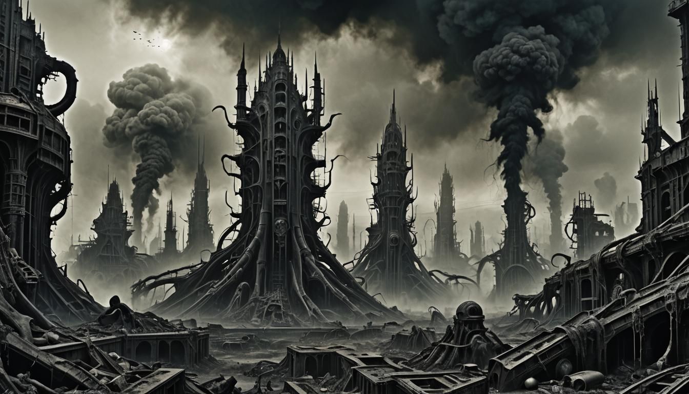 Dark Post-Apocalyptic Biomechanical Landscape Nightmare