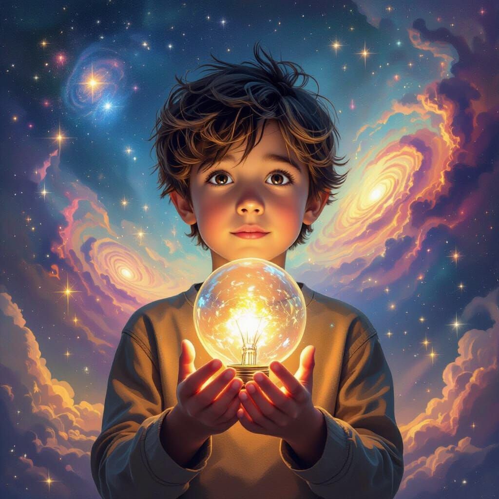 Boy Holds Glowing Intelligence Bulb in Cosmic Universe
