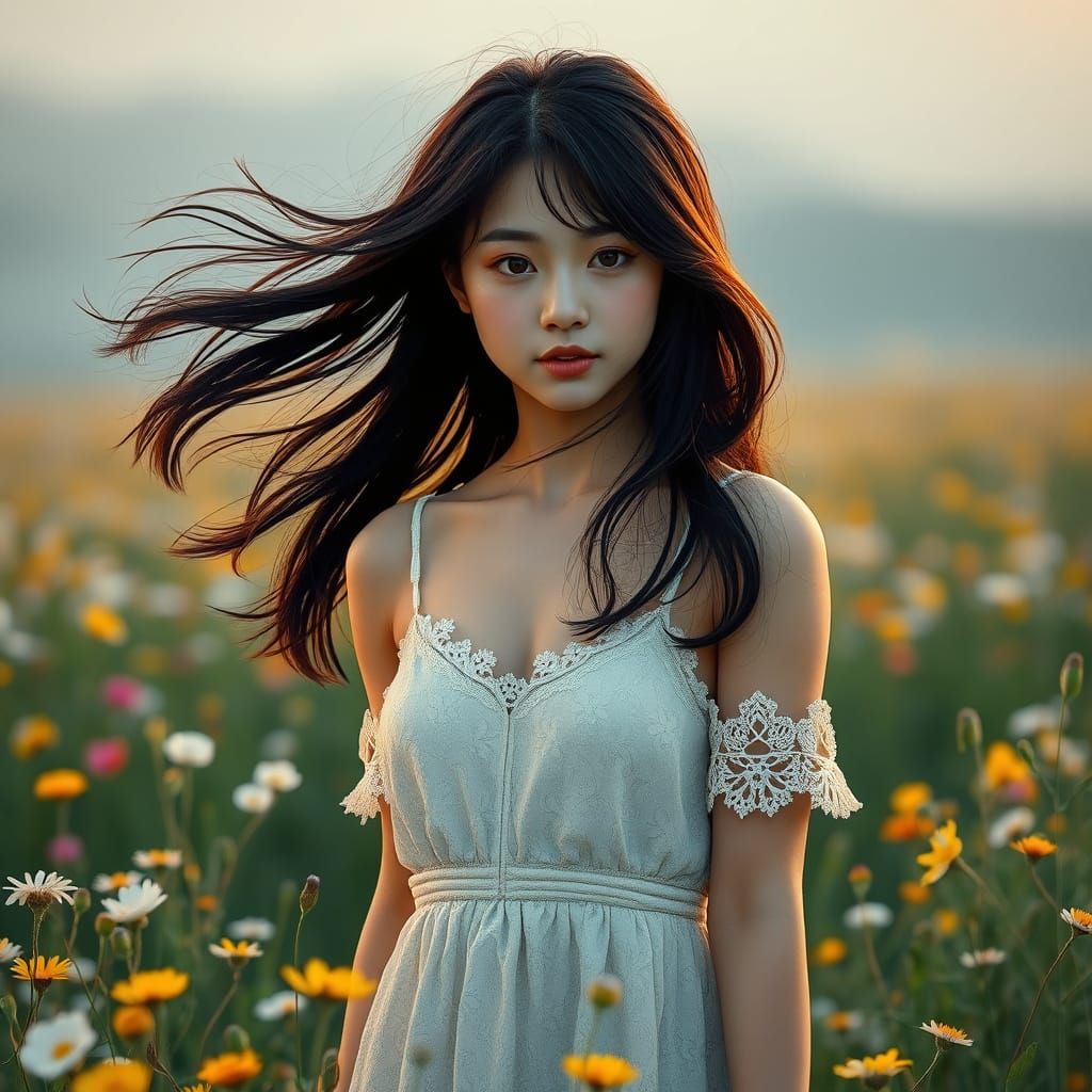 Japanese Woman in Wildflower Field at Dawn