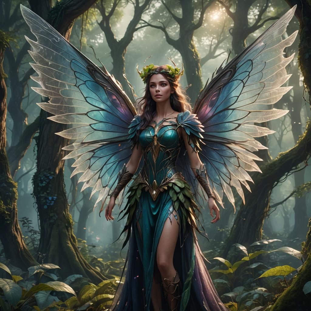 Enchanted Forest: Ghostly Fairy with Huge Wings