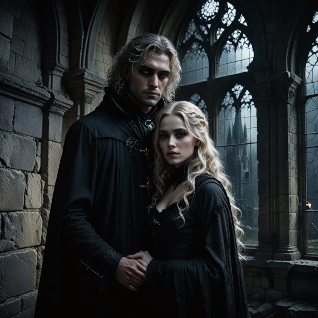 Dark Wizard Holding Woman in Gothic Castle