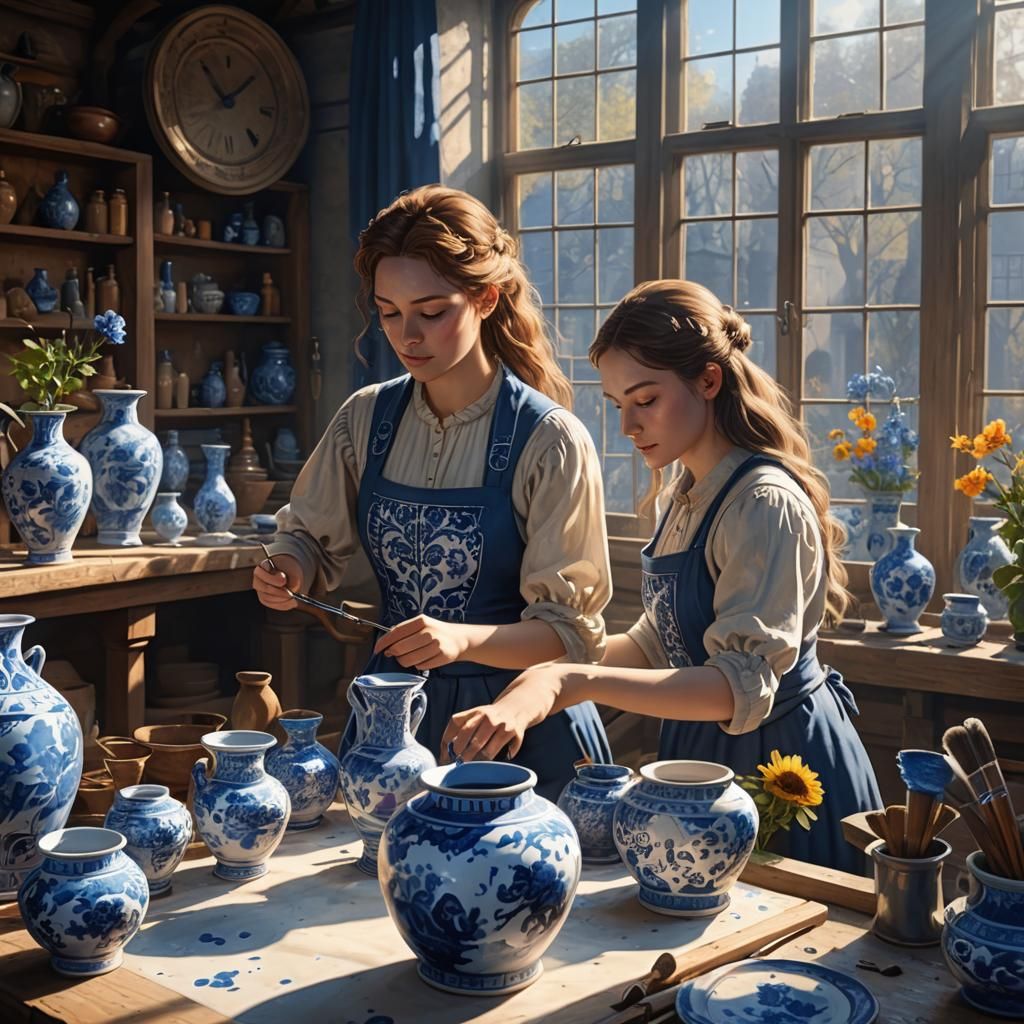 Girls Painting Delft Blue Vase: Detailed Matte Painting