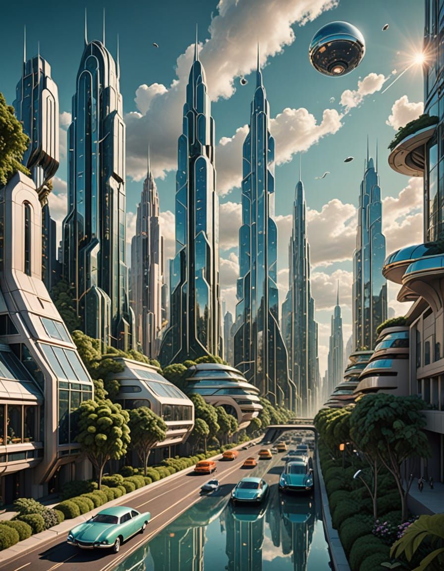 Retro-Futuristic Metropolis with Chrome Skyscrapers and Flyi...