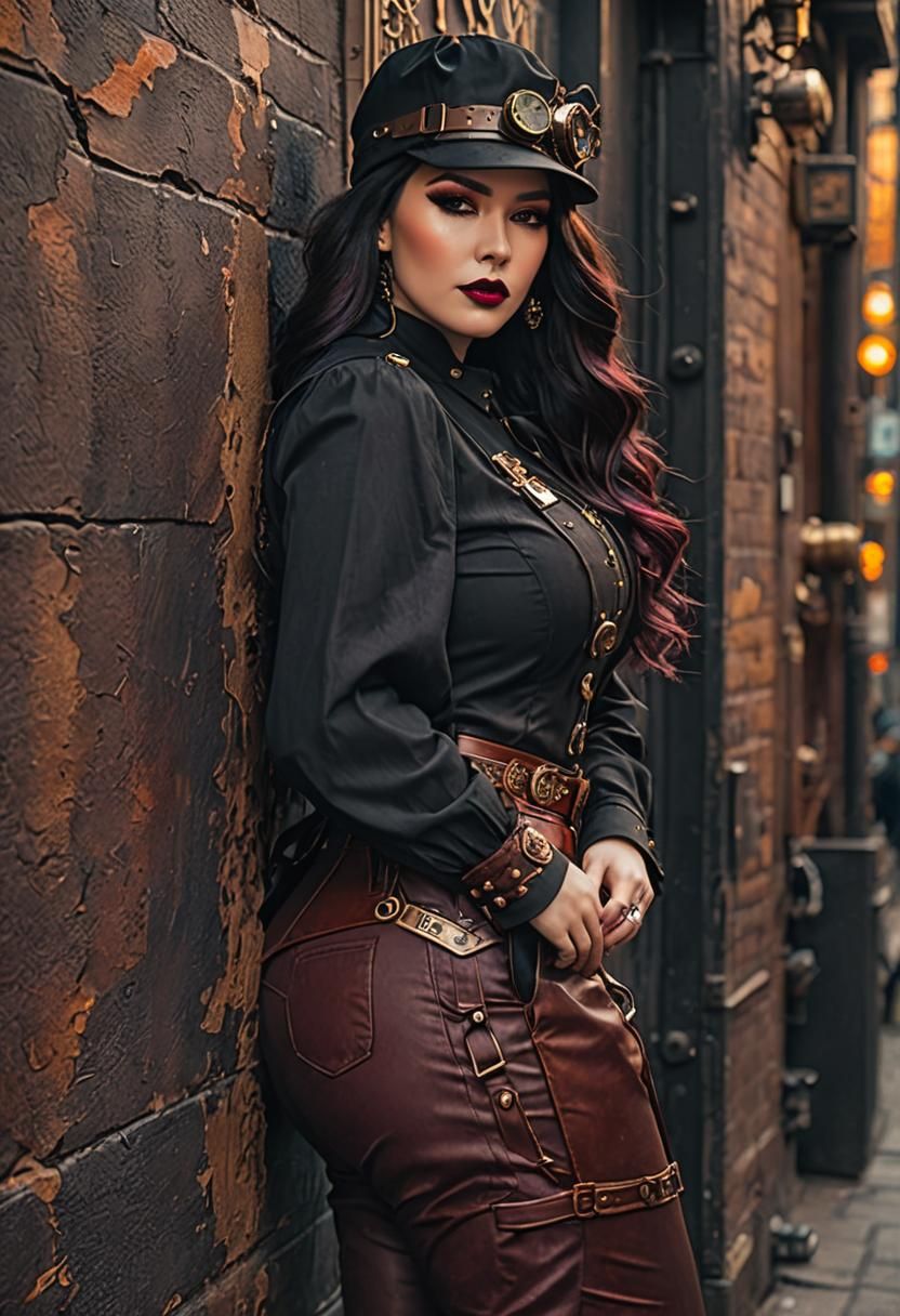 Steampunk Woman with Neon Lights at Night