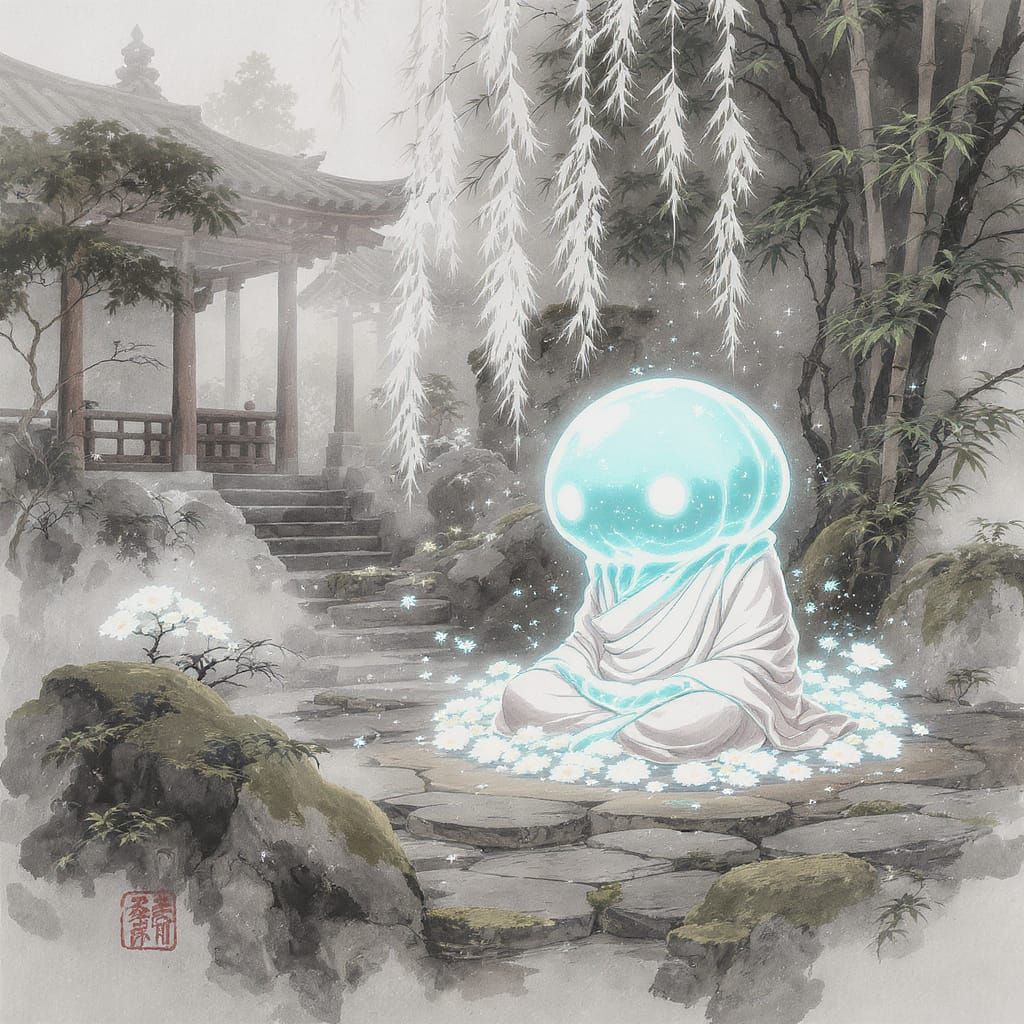 Jelly Monk Meditating in Temple Garden as Ink Wash