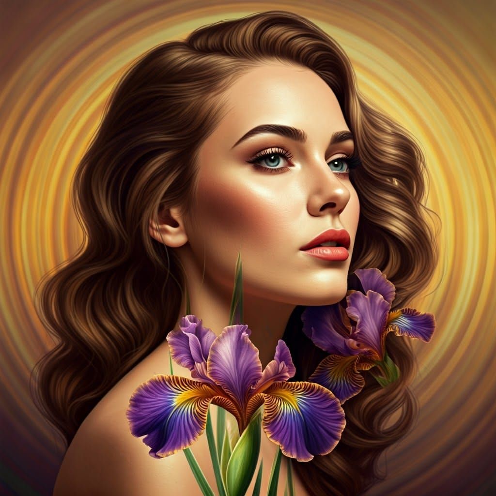Ethereal Woman Portrait with Iridescent Aura and Iris Flower...