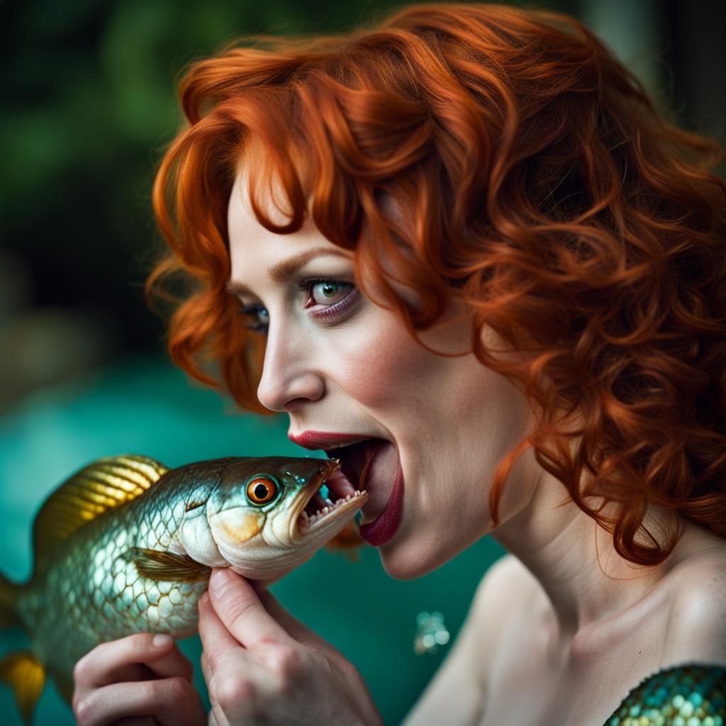 Mermaid with Sharp Teeth Eating Fish: Professional Photograp...