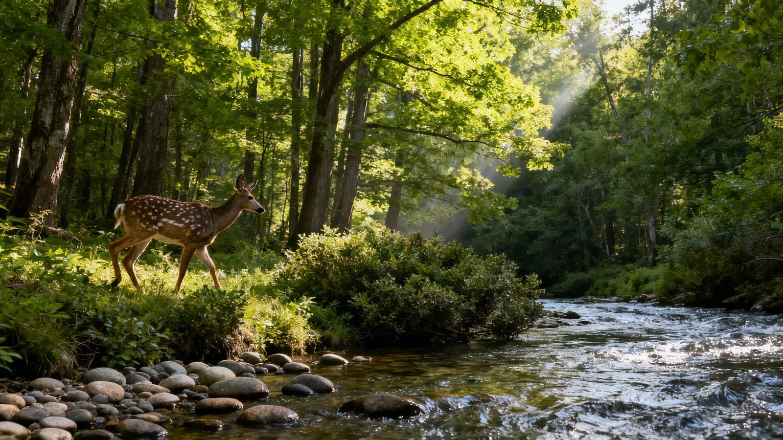 Graceful Camouflaged Deer in Lush Forest with River