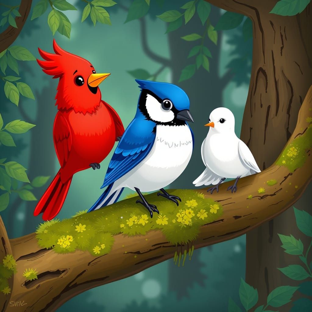 Cardinal, Jay, and Dove in Whimsical Cartoon Forest