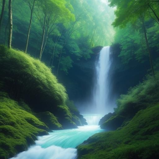 Fairytale Forest Scene with Towering Waterfall