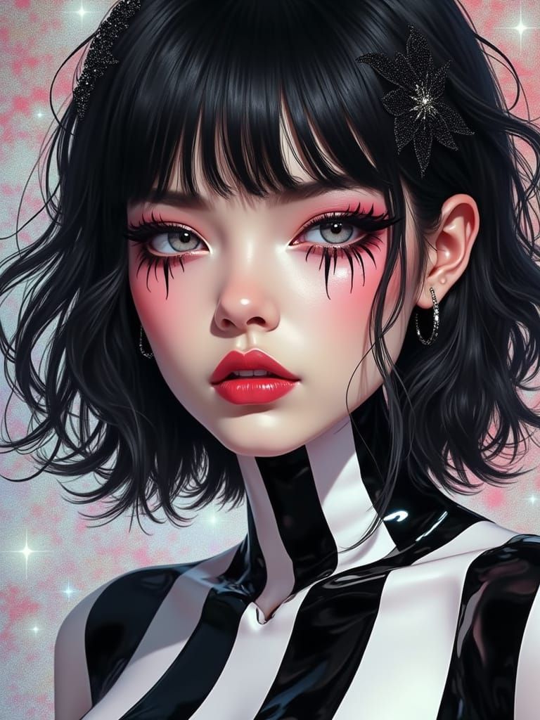 Surreal Portrait of a Striking Young Woman in Bold Black and...