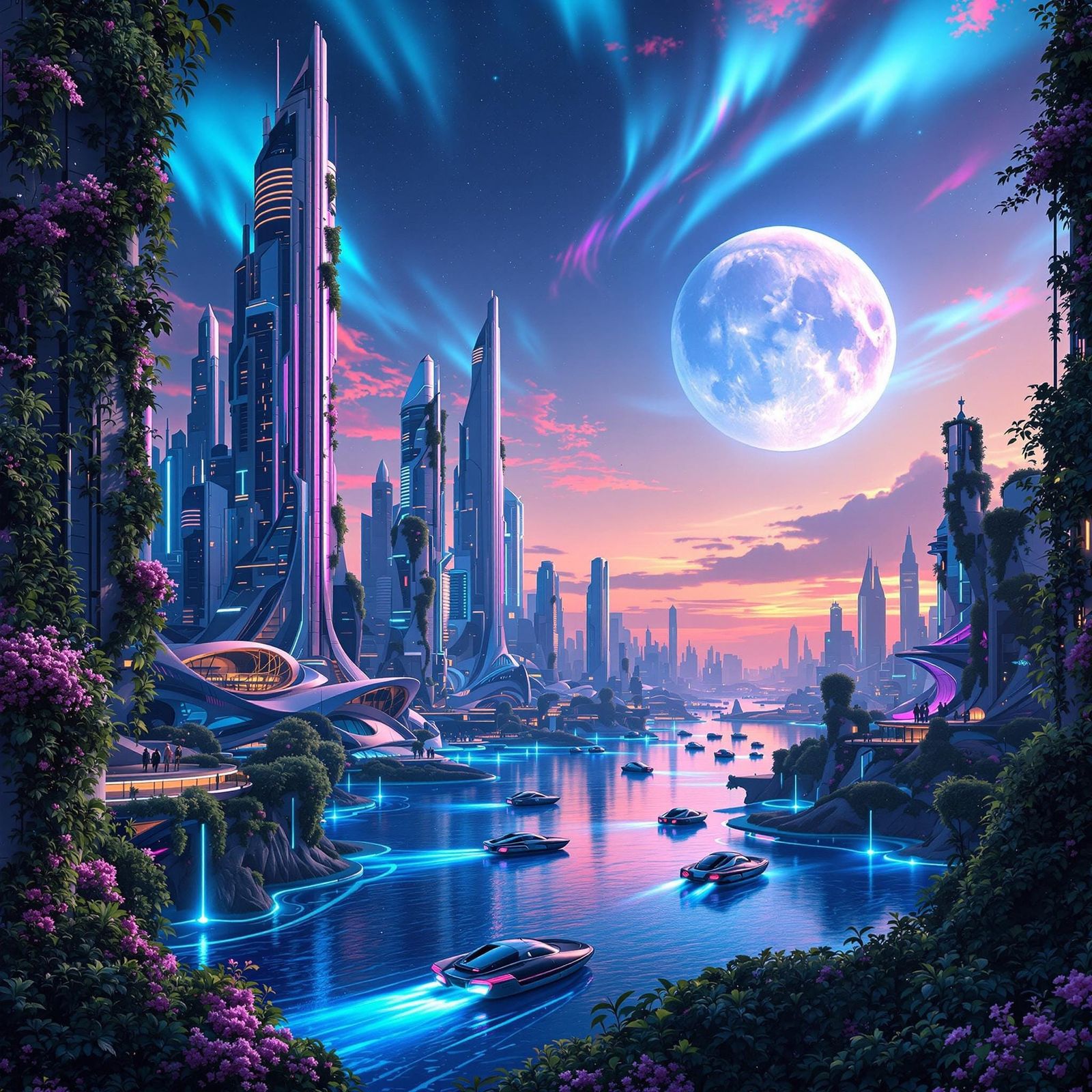 Majestic Futuristic Cityscape at Sunset, with Lush Greenery ...