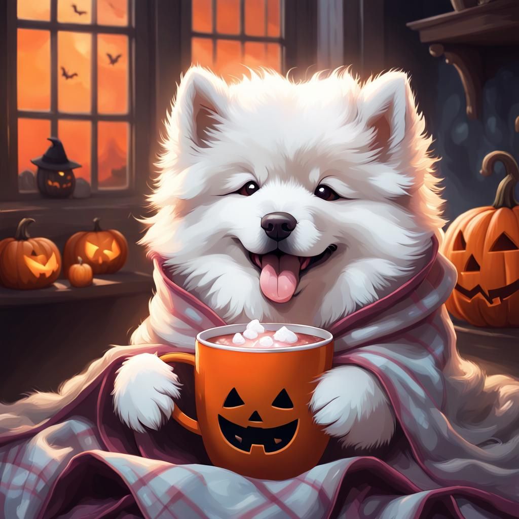 Kawaii Samoyed Puppy's Spooky Halloween Cocoa