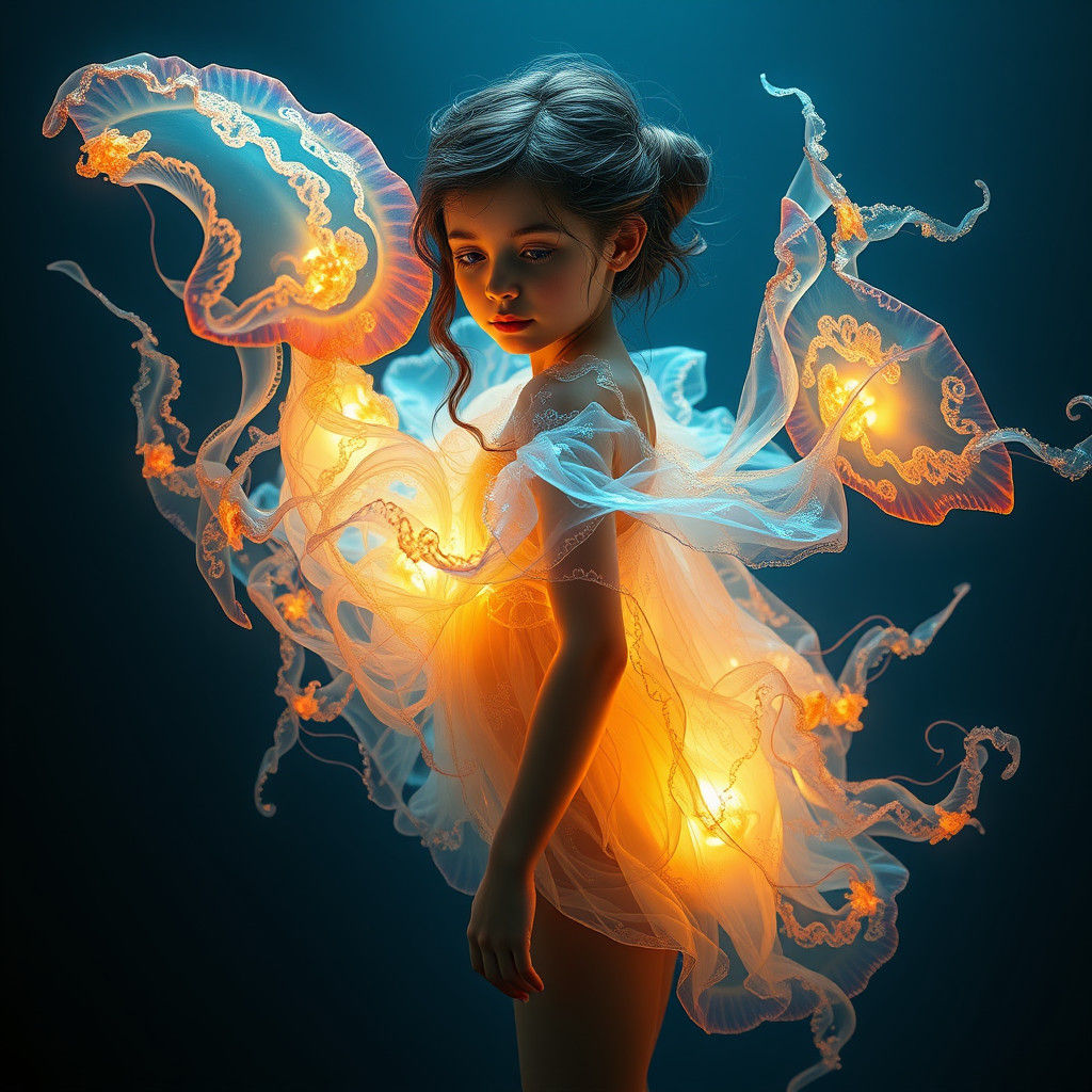Girl Enveloped by Shimmering Iridescent Jellyfish Dress