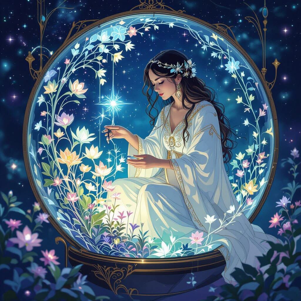 Celestial Botanist Tending Bioluminescent Plants in Nebula