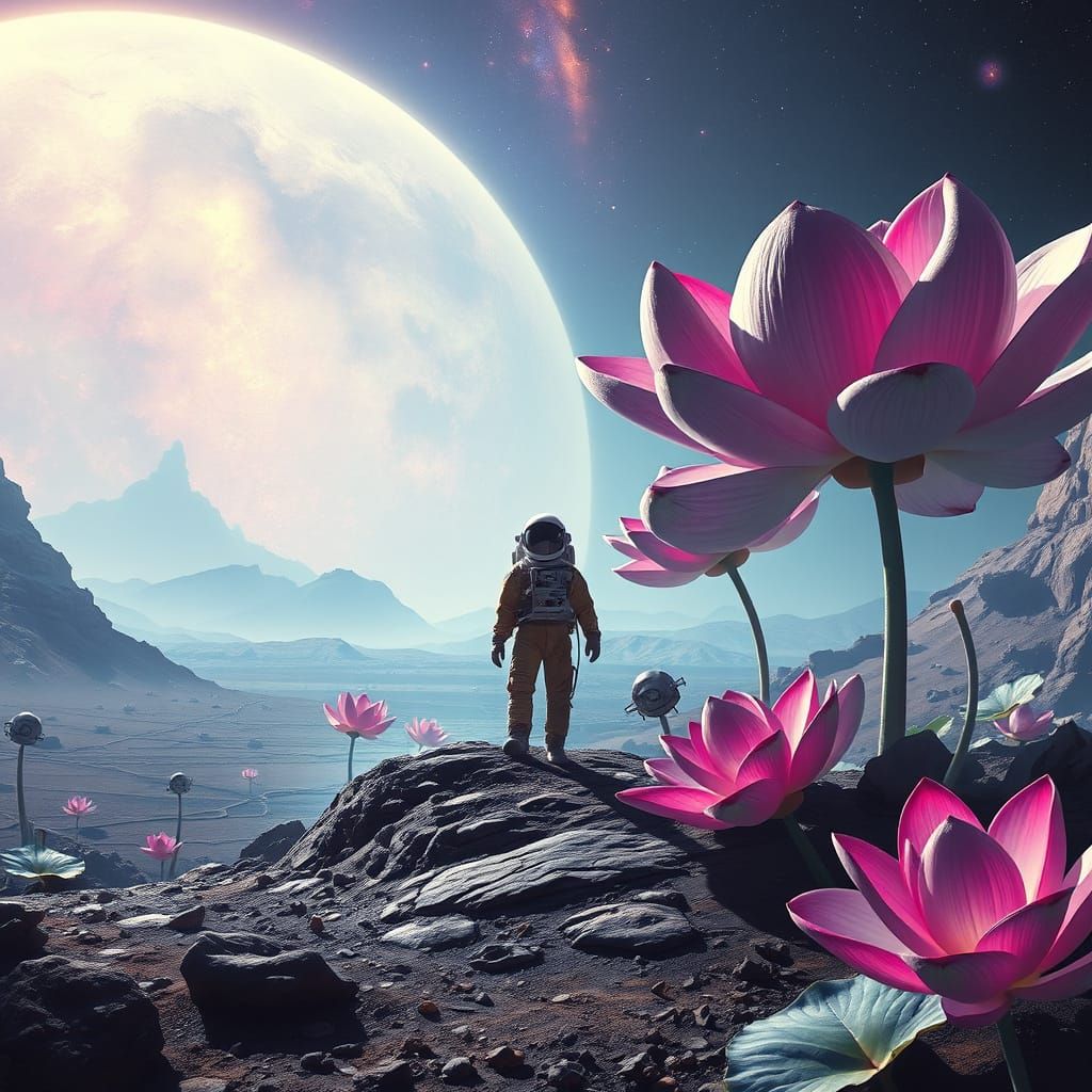 Astronaut's Oasis on Alien Planet in Surreal Style