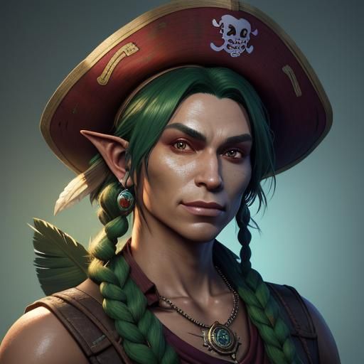 Green Elf Pirate Portrait with Parrot in Art Nouveau Style