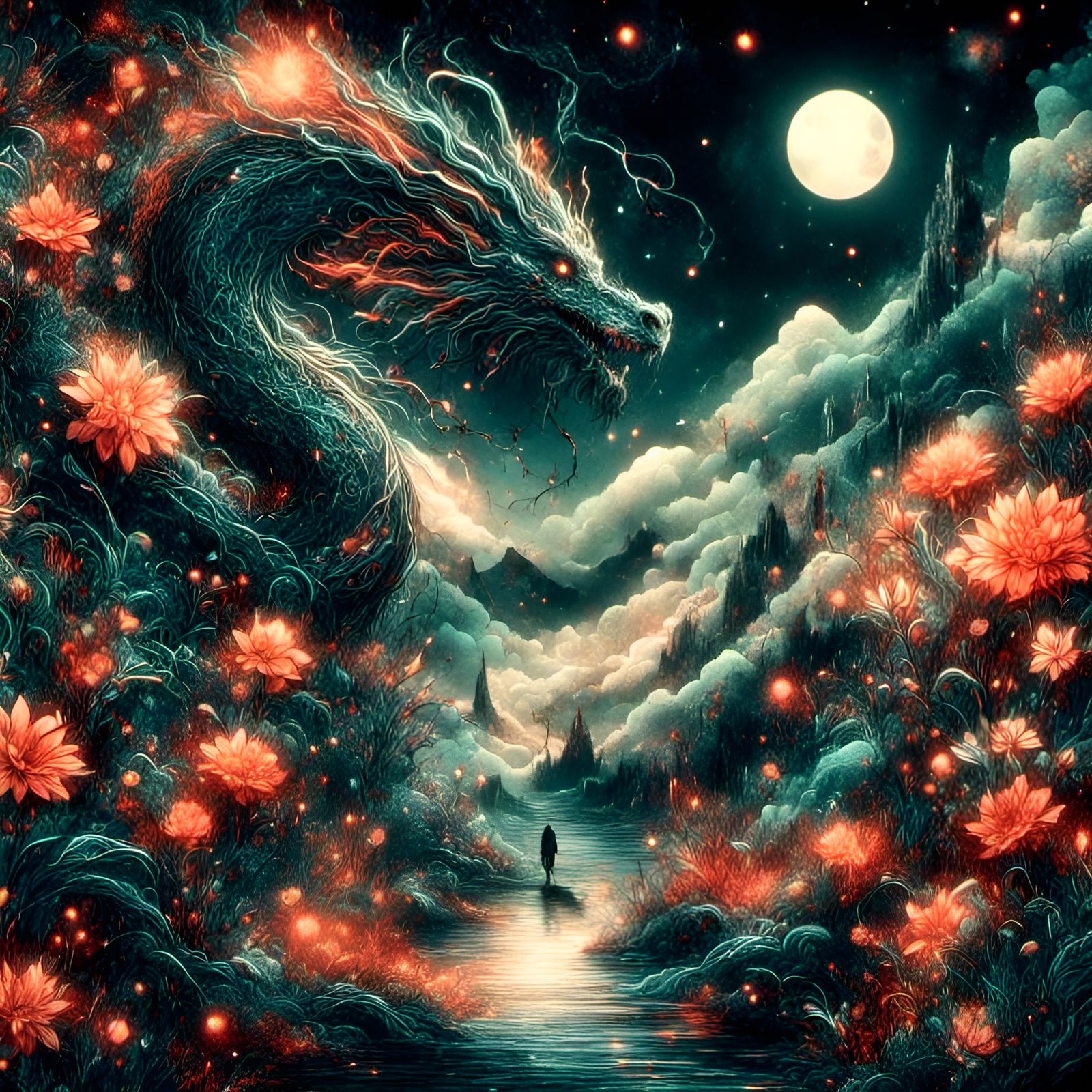 Giant Dragon Among Flowers and Stars